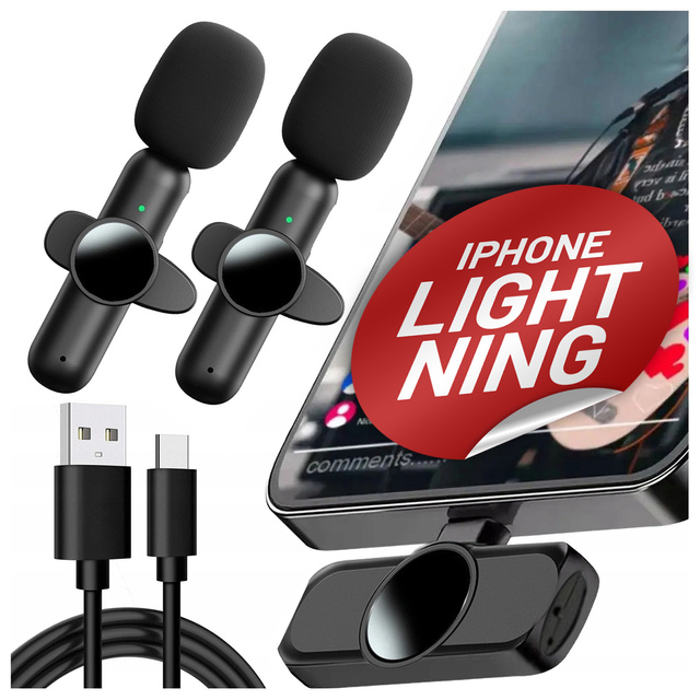 Mikrofon Bezprzewodowy 2x Zestaw - Lightning do iPhone, redukcja szumu, lekka konstrukcja, zasięg do 20 metrów - 2x Mikrofon Krawatowy z Futerkową Osłoną, Odbiornik do telefonu - Alogy DualVoice™ Czarny