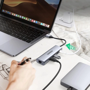 Ugreen CM266 USB-A 3.0 RJ45 Adapter 3x USB-A Micro USB Hub 5in1 Grau