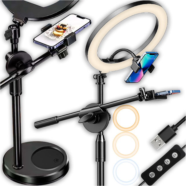 Lampa pierścieniowa LED Ring 10" 2x uchwyt na telefon stojąca statyw na biurko regulowane ramie Alogy Czarna