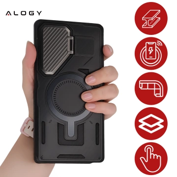 Samsung Galaxy S25 Ultra Schutzhülle mit MagSafe-Verstärkung, verstärktem Linsenschutz und Standfunktion, Alogy HeavyDuty Mag™️ Schwarz