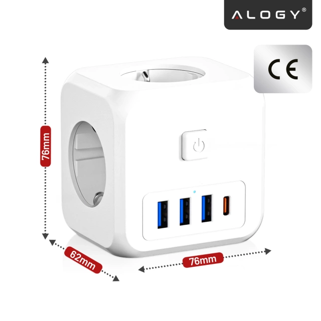 Rozgałęźnik sieciowy rozdzielacz Ładowarka adapter złodziejka 3 gniazdka EU 3x USB + USB-C C 7w1 Alogy Biały