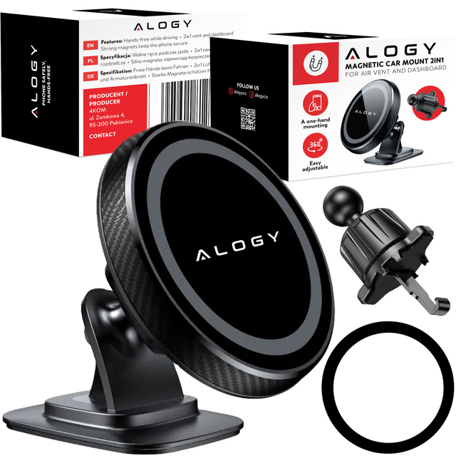 Uchwyt samochodowy magnetyczny na telefon szybę kratkę kokpit deskę do samochodu auta do telefonu Alogy Czarny + Organizer