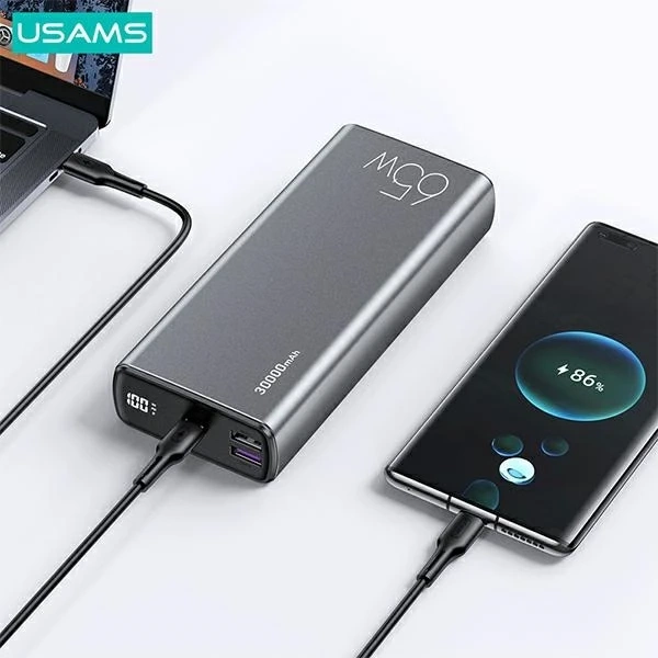 USAMS Powerbank PB59 30000mAh 65W 2xQC3.0+PD Fast Charge czarny/black CMXLOGTC01 (US-CD165) + kabel USB-C-USB-C