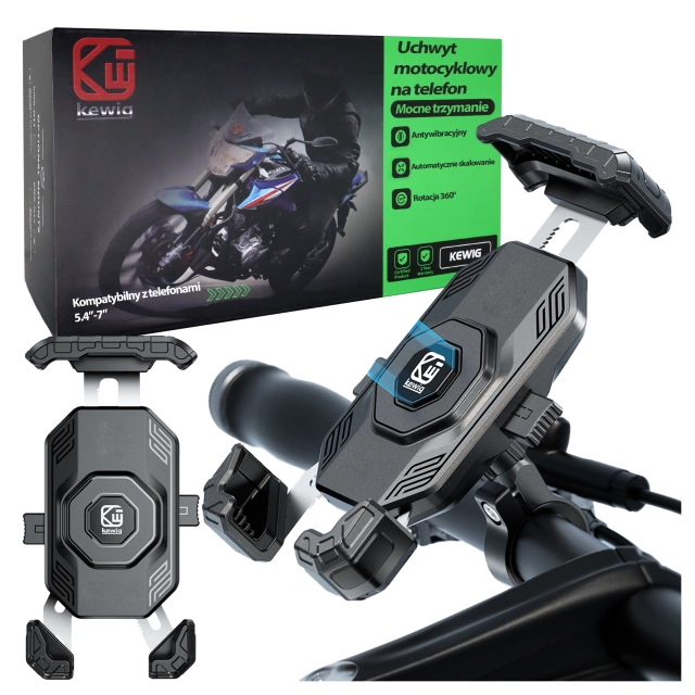 Uchwyt Motocyklowy na Telefon Kewig do Kierownicy i Lusterka, Antywstrząsowy z Systemem Antywibracyjnym, Rotacja 360°, Kompatybilny z Telefonami 5.4–7" – Czarny