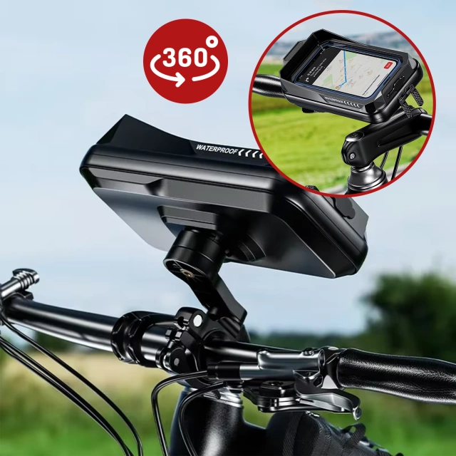 Uchwyt Motocyklowy Rowerowy Torba na Telefon do 7" Wodoodporna IP66 z Panelem Dotykowym, z wejściem na Kabel, Na Motocykl, Rower, Skuter, Hulajnogę, Kewig– Czarna