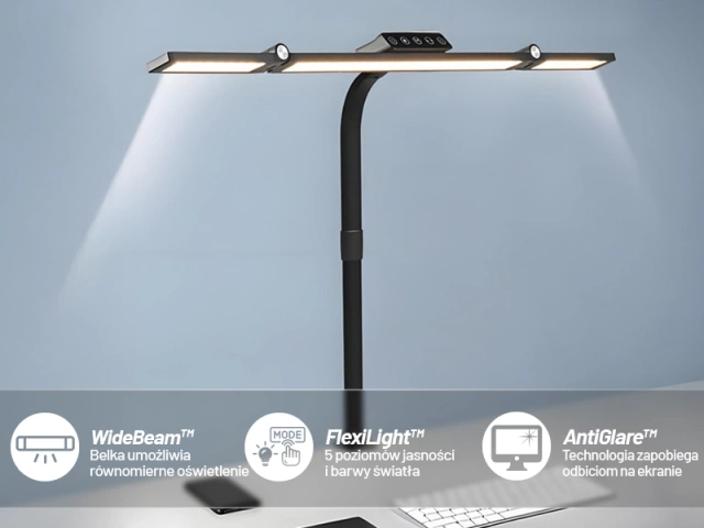 Lampa Biurkowa LED Kreślarska do Monitora ze Składaną Konstrukcją, Regulowaną Jasnością i Pełnym Spektrum Światła, z Mocowaniem do Blatu, Ochrona Oczu, Alogy DeskPro™