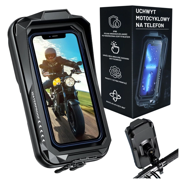 Uchwyt Motocyklowy Rowerowy Torba na Telefon do 7" Wodoodporna IP66 z Panelem Dotykowym, z wejściem na Kabel, Na Motocykl, Rower, Skuter, Hulajnogę, Kewig– Czarna