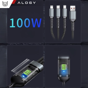 120 cm Alogy 3-in-1 Schnellladekabel 100 W USB auf USB-C Micro Lightning Schwarz
