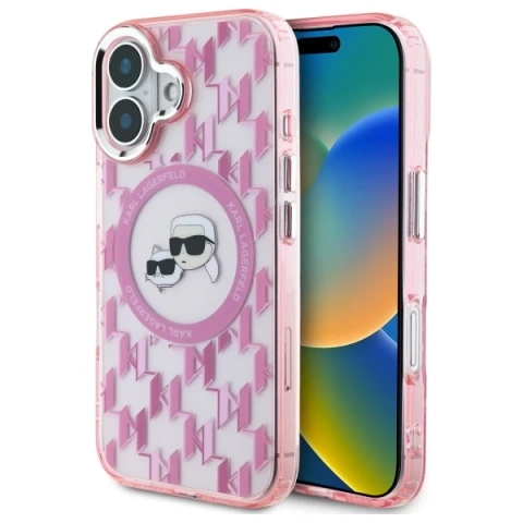 Etui Karl Lagerfeld do iPhone 16 6.1" Różówy MagSafe IML Monogram Karl&Choupette Head