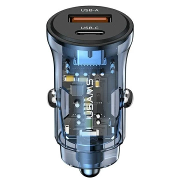 USAMS Ładowarka samochodowa 1xUSB+1xUSB-C C32 30W Fast Charge niebieski/blue CC164CC02 (US-CC164)