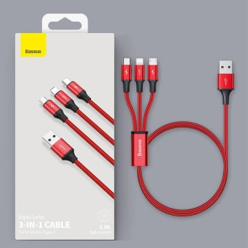 Baseus 3in1-Kabel mit USB-Anschlüssen - USB Typ C / Lightning / Micro-USB 1,2 m, 3,5 A rot (CAJS000009)