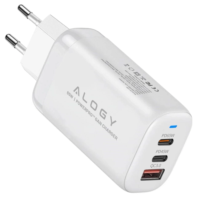 Alogy GaNCharge Kompaktes 3-in-1-Wandladegerät, schnelles Laden, GaN3, 65 W, USB-A, 30 W, 2 x USB-C, 65 W, Weiß