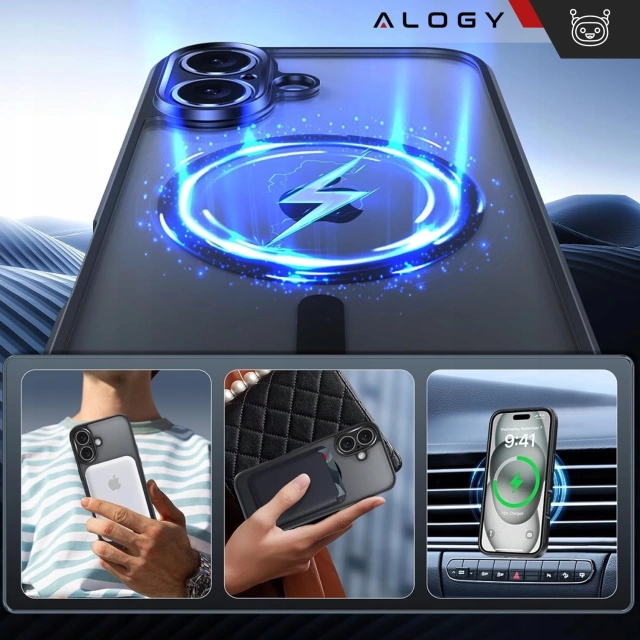 Etui MagSafe Case do Apple iPhone 16 Plus Alogy Glamour Luxury Ring obudowa czarno-przezroczyste + szkło hartowane