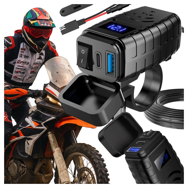 Ładowarka Motocyklowa z Wyświetlaczem, Szybkie Ładowanie 36W PD + QC 3.0, Porty USB-A i USB-C, Wodoodporna i Solidna, Alogy MotoCharge Pro™ – Czarna