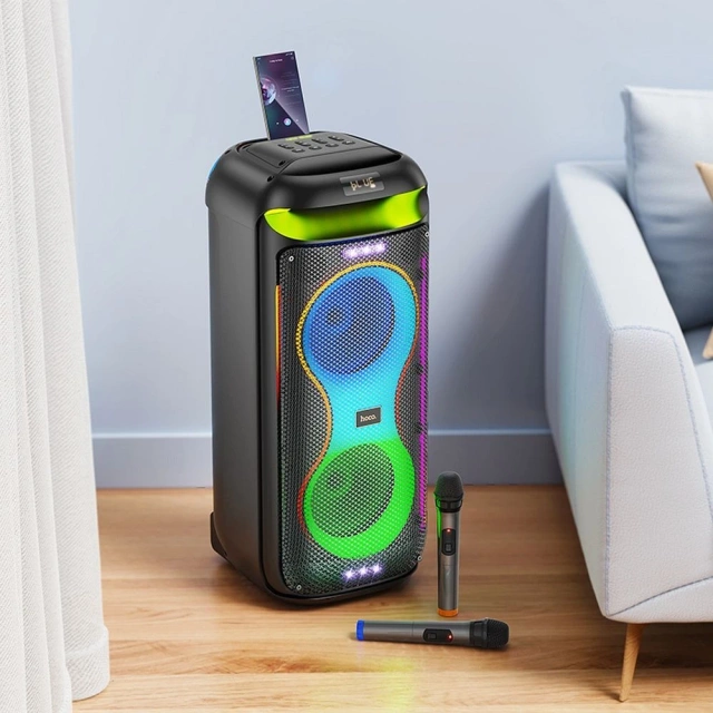 HOCO HA13 Max zestaw karaoke 60 W, RGB LED, 2× bezprzewodowe mikrofony TWS