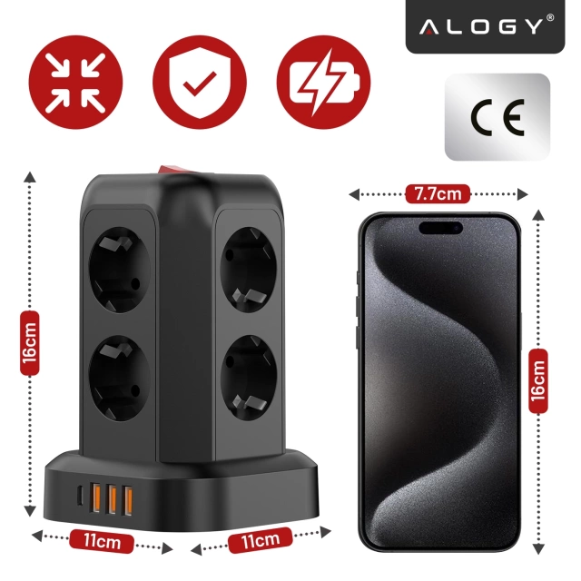 Przedłużacz 12w1 Rozdzielacz wieża ładująca Alogy ChargeTower Pro 2500W 8x gniazdo ładujące 3x USB.A 1x USB.C kabel 1.8m Czarny