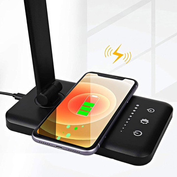 Schwarze LED-Schreibtischlampe mit induktivem Ladegerät für QI-Telefon