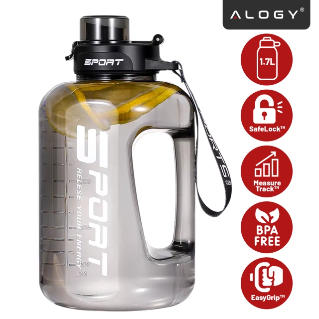 Duża Butelka Motywacyjna na Wodę 1.7L Bidon Sportowy z Miarką, Uchwytem i Pokrywką 2w1 (Dzióbek + Słomka), Wygodna i Szczelna, Alogy Sport 1700ml – Czarna