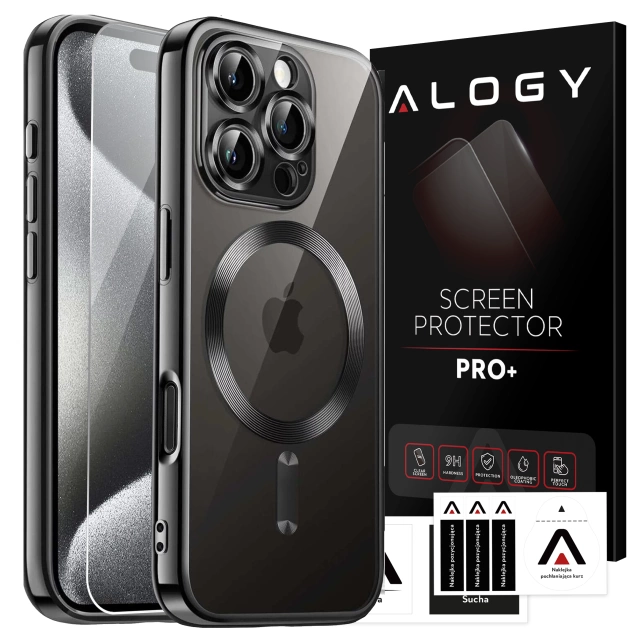Etui MagSafe Case do Apple iPhone 16 Pro Alogy Glamour Luxury Ring obudowa czarno-przezroczyste + szkło hartowane