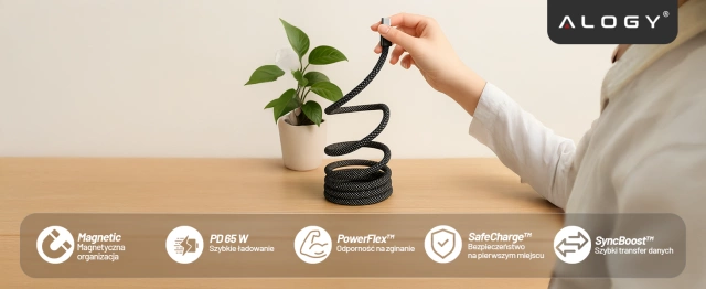 Kabel Zasilający USB-C do USB-C 65W 1m, Szybkie Ładowanie PD, Magnetyczny, Trwały i Elastyczny Przewód Alogy MagiCharge™ – Czarny + Ładowarka Sieciowa 3w1 65W
