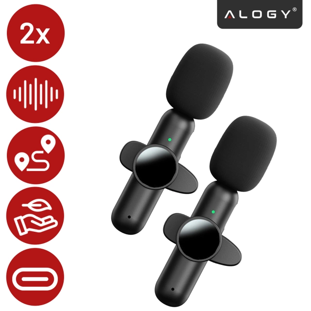 Mikrofon Bezprzewodowy 2x Zestaw - USB-C, redukcja szumu, lekka konstrukcja, zasięg do 20 metrów - 2x Mikrofon Krawatowy z Futerkową Osłoną, Odbiornik do telefonu - Alogy DualVoice™ Czarny