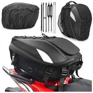 Plecak torba motocyklowa wodoodporna 40L – 5w1 – kufer, podsiodłowa, bagażnikowa, na kask, z pokrowcem, Nylon, torba miejska na motocykl – Alogy RoadMaster™  Czarna