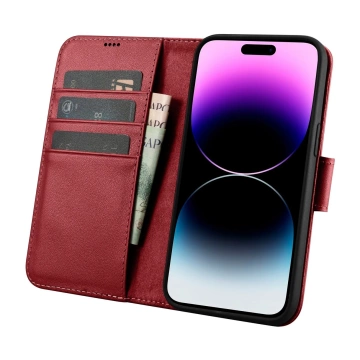 iCarer Wallet Case 2in1 für iPhone 14 Pro Max Leder Flip Cover Anti-RFID Rot