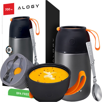 Abendessen-Thermoskanne für Kinder-Suppe, Essen, 700 ml, Alogy Edelstahl-Klapplöffel, Thermograu
