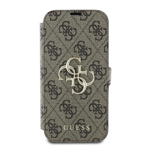 Guess 4G Metal Logo Book Case do iPhone 16 6,1″ – brązowe, z funkcją podstawki