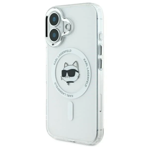 Karl Lagerfeld Hülle für iPhone 16 6,1" Weißes Hardcase IML Metall Choupette Head MagSafe