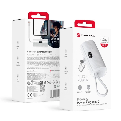 FORCELL F-ENERGY Power Plug F5K3 Powerbank z Wbudowanym Złączem Typ C PD 20W 5000 mAh Biały