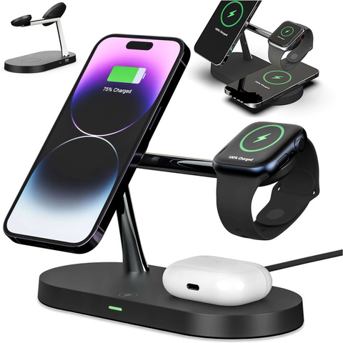 Ładowarka indukcyjna Qi Mag Safe 15W do iPhone Apple Watch AirPods bezprzewodowa 5w1 Stacja dokująca Czarna