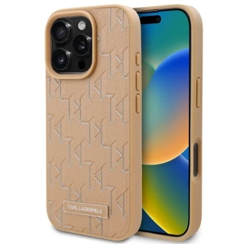 Karl Lagerfeld Hülle für iPhone 16 Pro 6,3" Beige MagSafe Hardcase Leder Monogramm Metall Logo