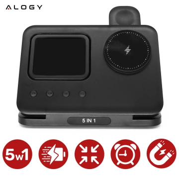 Kabellose Schnellladestation 5-in-1 mit LED-Uhr, 15 W, USB-C auf MagSafe für Apple iPhone, Watch und AirPods, inklusive Uhr und Hygrometer, Schwarz