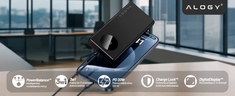 PowerBank Alogy TurboCharge 120W PD PowerDelivery Schnellladung 10000mAh 2x USB-A 1x USB-C Schwarz