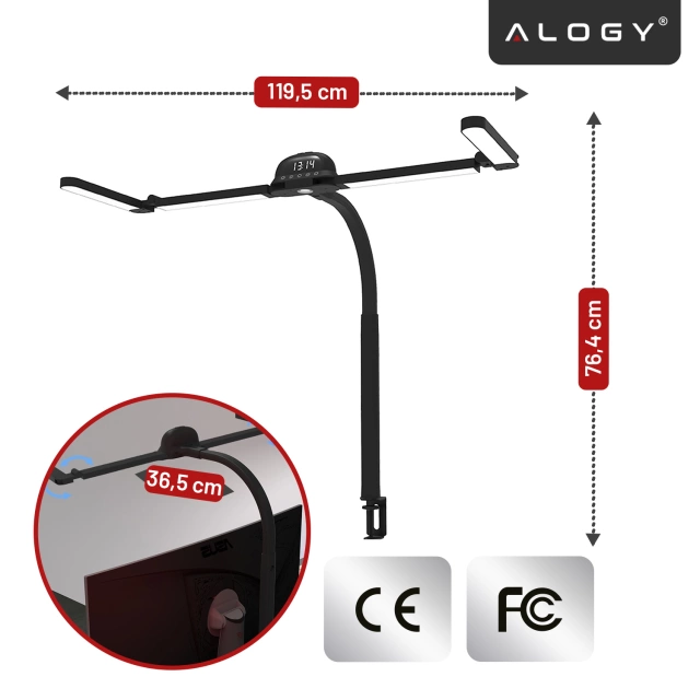 Lampa Biurkowa LED do Monitora ze Składaną Konstrukcją, Regulowaną Jasnością i Pełnym Spektrum Światła, z Mocowaniem do Blatu, Ochrona Oczu, Alogy VisionBar™ – Czarna