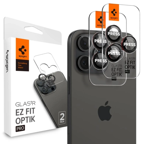 Spigen Optik Pro L-Series Glas.Tr „Ez Fit“ Kameraschutz 2er-Pack für iPhone 14 Pro / Pro Max / 15 Pro / Pro Max / 16 Pro / 16 Pro Max Schwarz