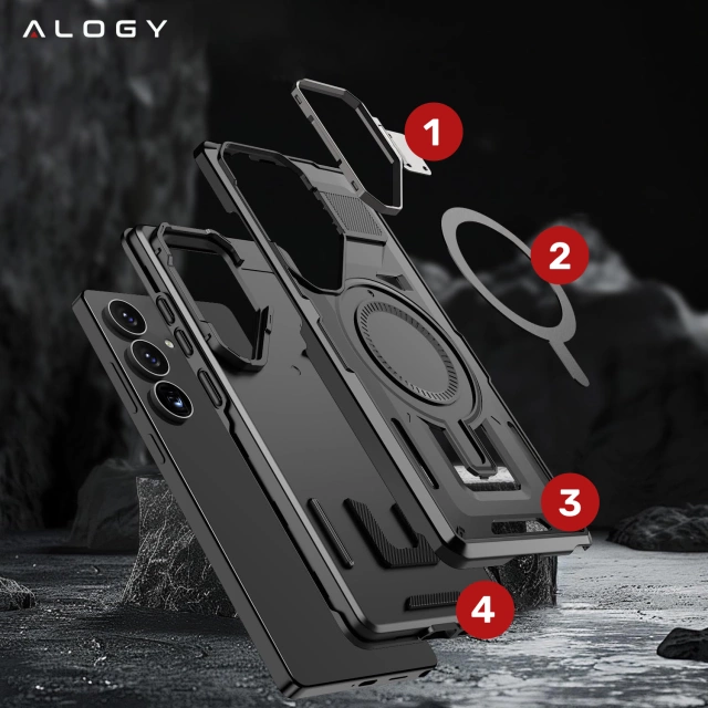 Etui do Samsung Galaxy S25 Case do MagSafe Wzmocniona Pancerna ochrona obiektywów z funkcją podstawki obudowa ochronna na telefon Alogy HeavyDuty Mag™️Czarne