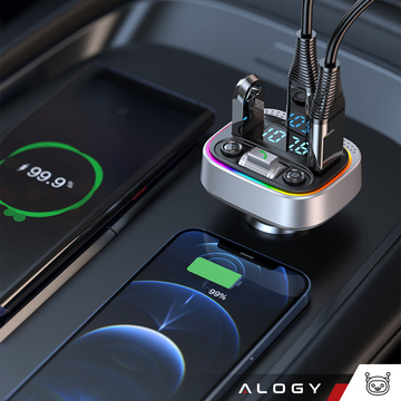 Bluetooth FM MP3 Autosender Schnellladegerät 2 x USB QC 3.0 USB-C C PD 20W LED RGB Alogy Car Silber
