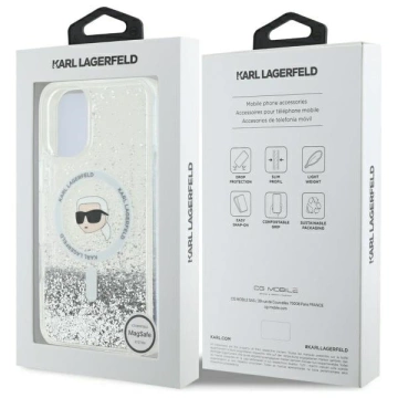 Etui Karl Lagerfeld für iPhone 16 Plus 6,7" Magsafe Hardcase Transparent Liquid Glitter Karl Head