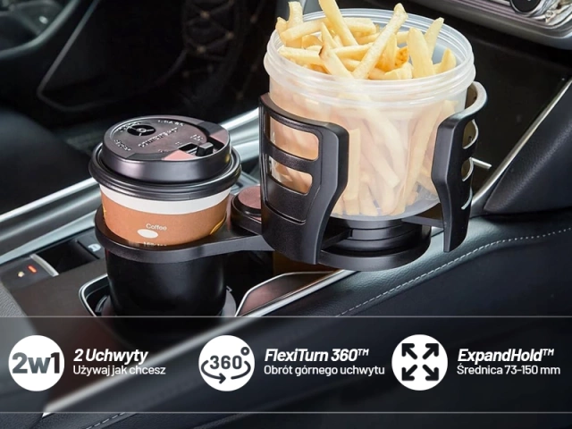 Uchwyt Samochodowy na Kubek i Butelkę, z Miejscem na Telefon Tablet, Regulowany 360° i Stabilny, montaż w miejsce na kubek w aucie CupHolder™ – Czarny