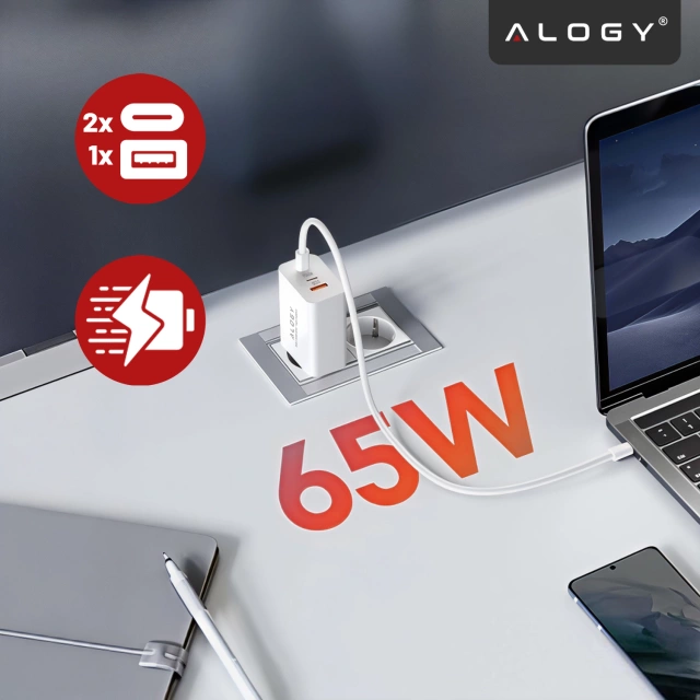 Ładowarka Sieciowa Szybka 3w1 do telefonu samsung iphone GaN3 65W PD i QC, Porty 2x USB-C 65W + USB-A 30W, Alogy GaNCharge Compact™ – Biała