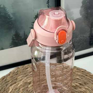 Motivierende Trinkflasche mit Strohhalm, 1,5 l, Erinnerung, motivierender Messbecher, Henkel, rosa