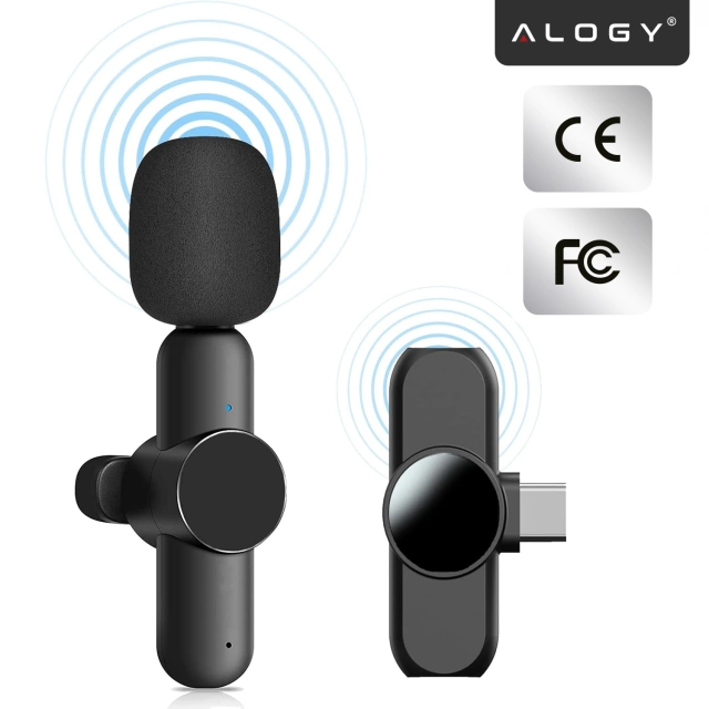 Mikrofon Bezprzewodowy 2x Zestaw - USB-C, redukcja szumu, lekka konstrukcja, zasięg do 20 metrów - 2x Mikrofon Krawatowy z Futerkową Osłoną, Odbiornik do telefonu - Alogy DualVoice™ Czarny