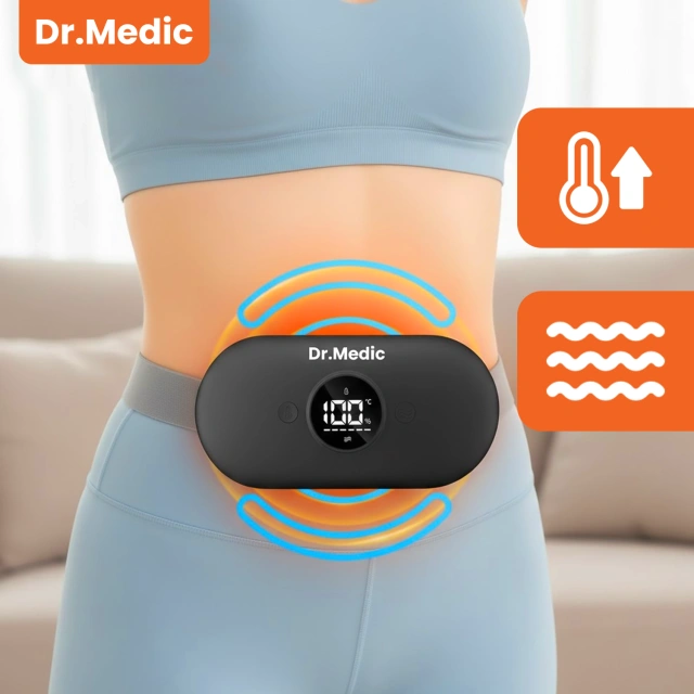 Pas Grzejący z Masażerem na okres i plecy - przeciwbólowy, ciepło + wibracje, 6 poziomów intensywności, akumulator 1800 mAh - Dr.Medic ThermoPulse™ Czarny