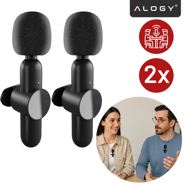 Mikrofon Bezprzewodowy 2x Zestaw - Lightning do iPhone, redukcja szumu, lekka konstrukcja, zasięg do 20 metrów - 2x Mikrofon Krawatowy z Futerkową Osłoną, Odbiornik do telefonu - Alogy DualVoice™ Czarny