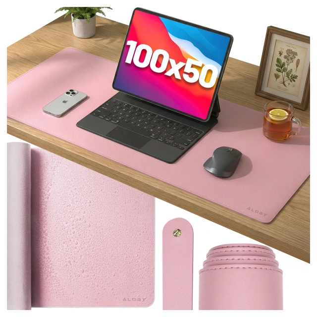 Podkładka na biurko 100×50 cm – antypoślizgowa mata ochronna z eleganckiej ekoskóry PU, pod mysz i klawiaturę, stylowa i trwała – Alogy WorkMat™ Różowa