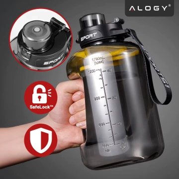 Duża Butelka Motywacyjna na Wodę 1.7L Bidon Sportowy z Miarką, Uchwytem i Pokrywką 2w1 (Dzióbek + Słomka), Wygodna i Szczelna, Alogy Sport 1700ml – Czarna