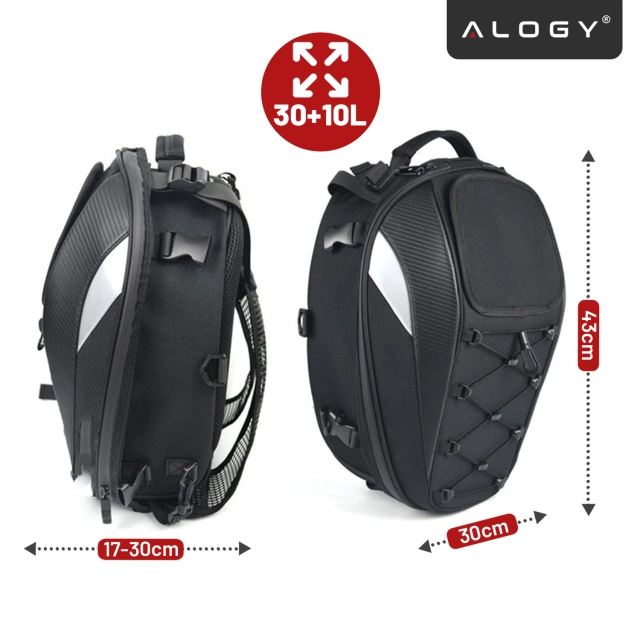 Plecak torba motocyklowa wodoodporna 40L – 5w1 – kufer, podsiodłowa, bagażnikowa, na kask, z pokrowcem, Nylon, torba miejska na motocykl – Alogy RoadMaster™ Czarna