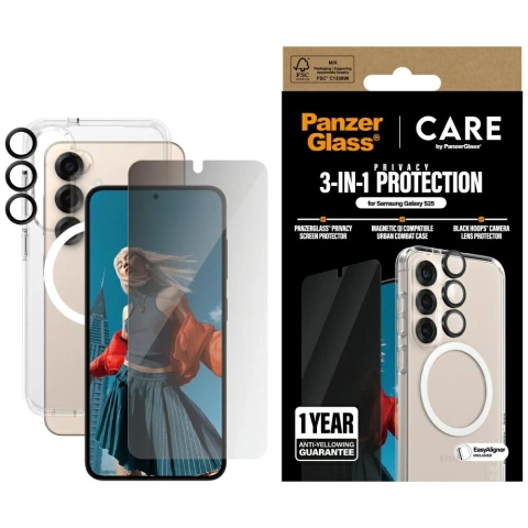 Samsung Galaxy S25 CARE von PanzerGlass Flagship 3-in-1-Case Sichtschutzglas-Linsenschutz-Kit